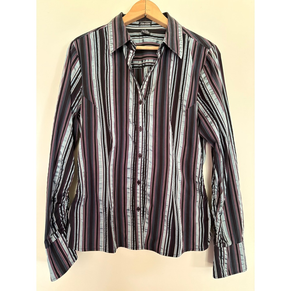 Maurices Womens Striped Button Down Shirt Long Sleeve‎ Ruched Black Blue Pink L